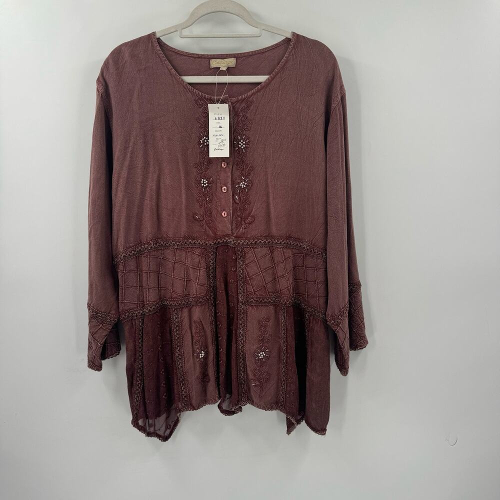 NWT Cathaya Embroidered beaded boho burgundy oversized blouse